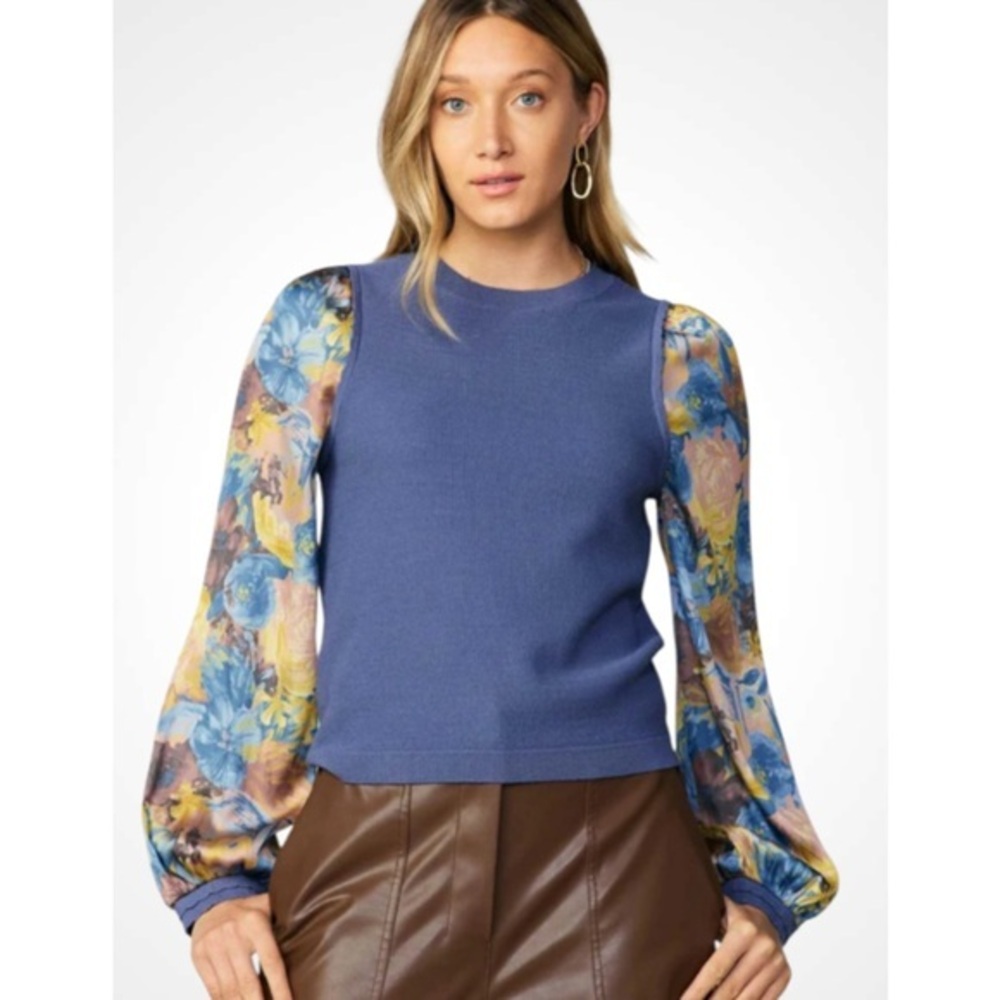 Current Air Textured Blue Knit Floral Contrast Long Sleeves Top Lg NWT